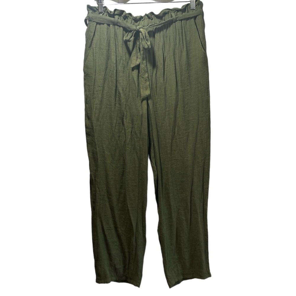 by & by Womens Linen Paperbag-Waist Pants w/ Built in Shorts Size XL Olive Green